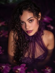 Beautiful woman in a purple gauze dress surrounded by water and floating orchids, dreamy soft lighting highlighting her flowing curly hair, delicate features, and mysterious dark brown eyes
