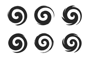 Artistic Swirl Logos. Brush strokes. Set Logo of artistic swirl: Symmetrical form, Filled silhouette, Negative space, Stylized detail, Flat solid, Iconic