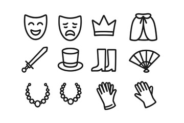 Theatrical Costume Icons. Theatrical costumes. Line icon set of theatrical costumes: comedy mask, tragedy mask, crown, cape, sword, hat, boots, fan, necklace,