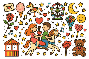 Romantic Carousel Ride. Romantic Ride. Colorful Hand-drawn doodle Children illustration Romantic Ride carousel horse, couple with heart, rose, love letter,