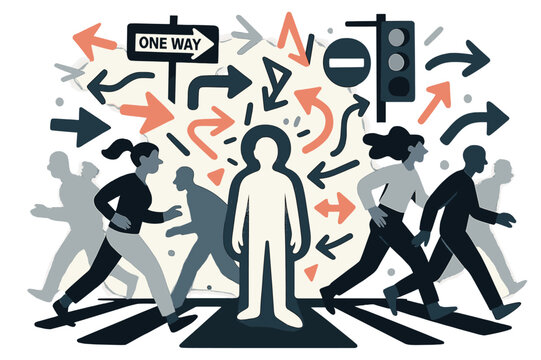 Urban Chaos Illustrated. Urban disorientation. A glowing figure standing at a busy intersection, floating abstract arrows, street signs, and moving silhouettes