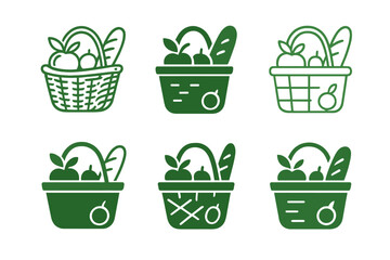 Picnic Basket Logos. A group of friends having a picnic in a park, enjoying nature and food. Set Logo of picnic basket: open basket with fruits and bread.