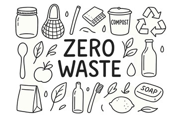 Zero Waste Doodles. Zero Waste. Hand-drawn doodle illustration of Zero Waste. Mason jar, reusable bag, bamboo