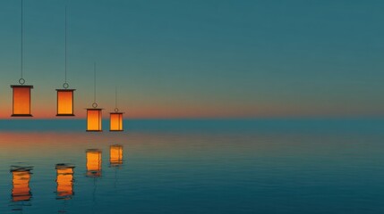 Obraz premium Serene twilight scene with glowing lanterns reflecting on tranquil ocean waters, creating a peaceful and magical atmosphere.