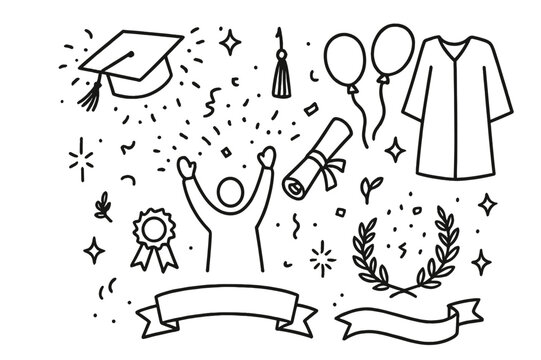 Graduation Celebration Doodle. Graduation celebration. Hand-drawn doodle illustration celebrating a graduation with a cap toss academic cap flying, diploma