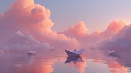 Dreamy paper boats sail across serene pastel waters reflecting soft pink clouds, evoking tranquility and imagination for a peaceful journey.