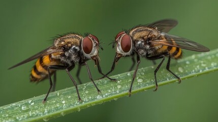 Two flies on a leaf with water droplets