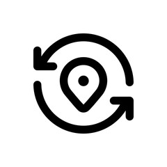Location pin inside circular arrows indicating refresh or update on white background illustration icon