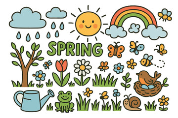 Fototapeta premium Spring Doodle Delight. Spring. Colorful Hand-drawn doodle Children illustration Spring blooming flowers, green grass, raindrops, rainbow, sun,