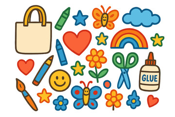 Colorful Kids Crafts. Kids Crafts. Colorful Hand-drawn doodle Children illustration tote bag, crayon, marker, scissors, glue, smiley face, heart, star, flower,