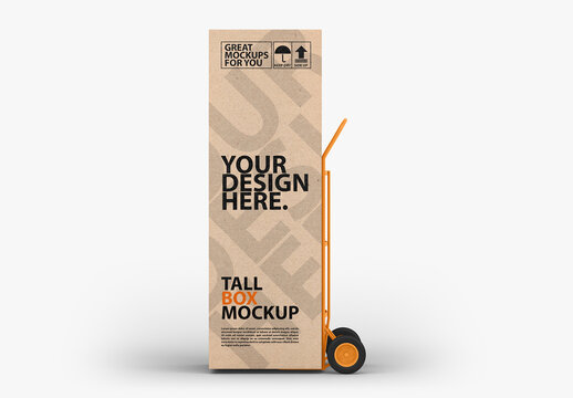 Tall Cardboard Box on Hand Truck Mockup