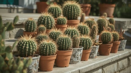 Cactus plants in pots display