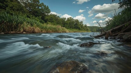 Fast flowing river with rocks and trees