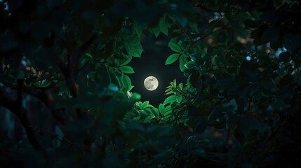 Moon through foliage dark night