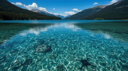 Crystal clear water over a serene lake