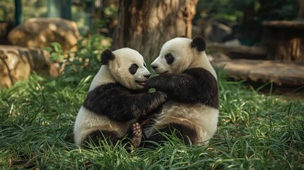 Two playful pandas cuddling in the grass