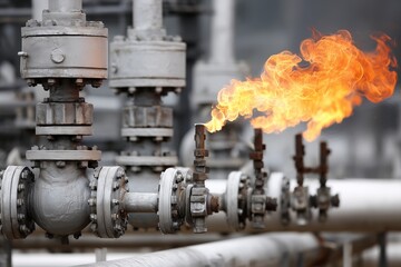 Close-up of a bright orange-yellow flame flaring from a valve on a complex network of industrial oil or gas pipelines and machinery.