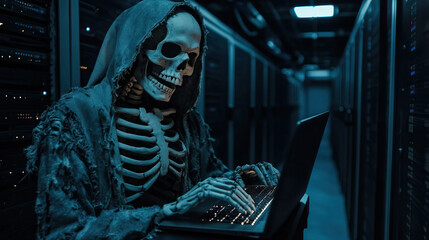 Human skeleton dressed in a frayed hoodie, typing on a glowing laptop in a dark server room.