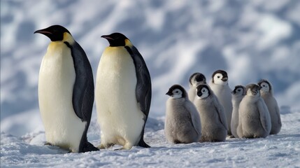 Obraz premium Penguins Family in Antarctic Landscape with Snowy Backdrop and Natural Light
