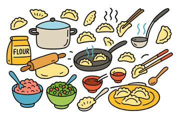 Dumpling Cooking Fun. Cooking Dumplings. Colorful Hand-drawn doodle Children illustration dumpling, pot, pan, steam, ladle, rolling pin, dough, flour, plate,