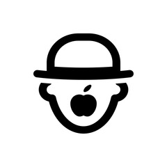 Stylized face with bowler hat and apple in place of mouth in black and white simple vector illustration