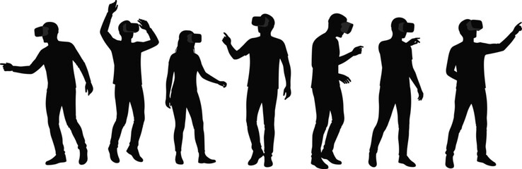 Silhouettes of people wearing VR headsets in interactive poses, black vector design showing virtual reality, technology, immersion, and user experience
