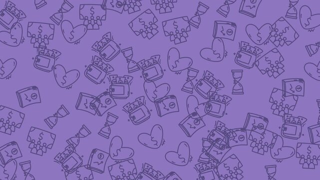 Scattered hourglasses, broken hearts, electronics on a purple background. Suitable for concepts related to time management, emotions, and technology.