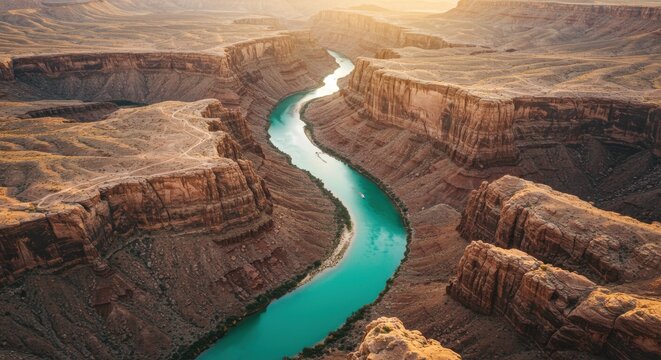 Aerial view of the colorado river flowing through the grand canyon at sunset