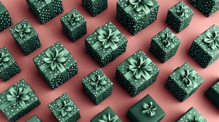 pattern of square Christmas or holiday gift boxes wrapped in dark green polka dot paper with matching ribbons on a muted pink background.