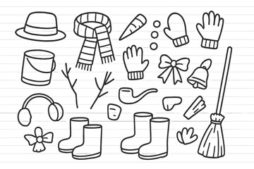 Snowman Accessory Doodles. Snowman Accessories. Hand-drawn doodle illustration Snowman Accessories hat, scarf, carrot, buttons, mittens, broom, bucket, stick