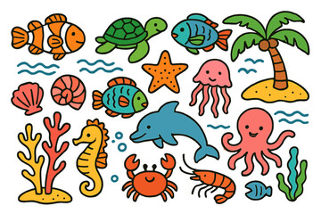 Obraz premium Tropical Sea Life. Tropical Sea. Colorful Hand-drawn doodle Children illustration Clownfish, turtle, parrotfish, coral, starfish, seashell, seahorse, crab,