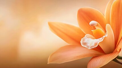 Beautiful orange orchid flower, close up botanical art, peach color background