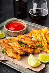 Homemade Crispy Chicken Strips with lime, beer and ketchup and French Fries on the tray on a black background. Vertical photo