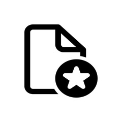 Black outlined document with curled corner and a star inside a circle on the bottom right corner