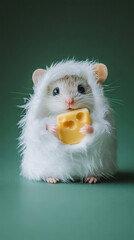 Tiny fluffy mouse wearing a little ghost costume, holding a piece of cheese, isolated on a solid green background