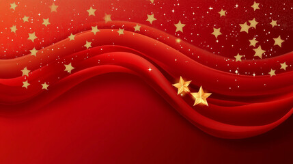 Abstract red background with golden stars, copy space.