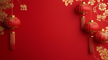Minimalistic background with red and golden design, China National Day concept. Copy space.