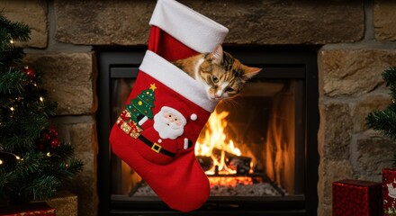 Cute cat in christmas stocking hanging over fireplace with burning fire logs