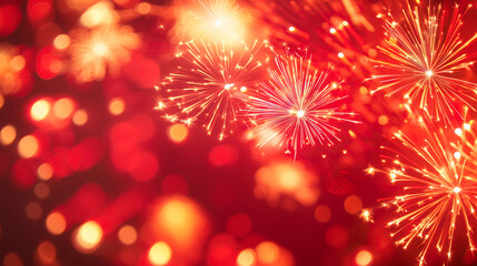 Fototapeta premium Red fireworks exploding in shape of stars, China National Day festive scene.