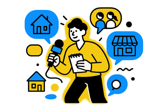 Hyperlocal News Scene. Hyperlocal news. A glowing reporter with notepad and microphone, abstract floating houses, shops, and speech bubbles showing community
