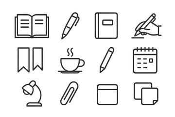Personal Journaling Icons. Personal journaling. Line icon set of Personal journaling: journal, pen, diary, writing hand, bookmarks, coffee cup, pencil,
