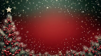 Festive Christmas background or banner with pine branches, red berries, and snow falling on a dark red and green vignette background with copy space.