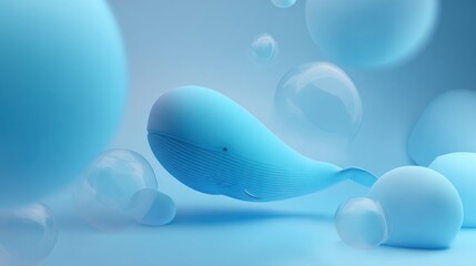Serene blue whale gracefully swims among ethereal bubbles creating a tranquil, dreamlike underwater atmosphere perfect for calming visuals.
