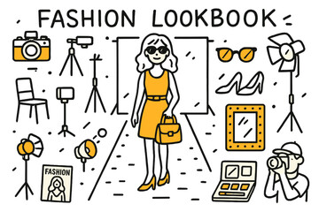 Fashion Lookbook Icons. Fashion Lookbook. Hand-drawn doodle illustration fashion lookbook model (accented), camera (accented), tripod, spotlight, outfit, high