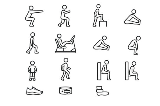 Leg Workout Icons. Leg Workouts. Line icon set of Leg Workouts: squats, lunges, step-ups, calf raises, leg press, hamstring stretch, resistance band, jump