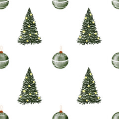Christmas tree watercolor seamless pattern. Hand-drawn trees. Perfect for printing on fabrics and Christmas textiles.