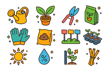 Colorful Plant Care Icons. Plant care. Colorful isometric vector icons set of plant care: watering can, potted plant, pruning shears, fertilizer bag, gloves,