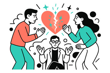 Heartfelt Reconciliation. Conflict Resolution. A glowing broken heart rejoined by abstract floating spark and star shapes, couple and counselor symbolizing