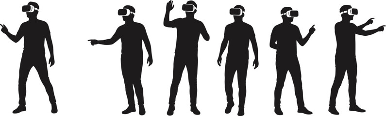 Silhouettes of six people wearing VR headsets in interactive poses, black vector design showing virtual reality, technology, immersion, and engagement
