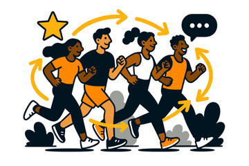 Dynamic Park Jogging. Group run. Friends jogging together in the park, glowing arrows forming unity around them. Floating star and chat icons showing